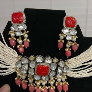 Pearl choker necklace for sale with earrings. Selling for $150